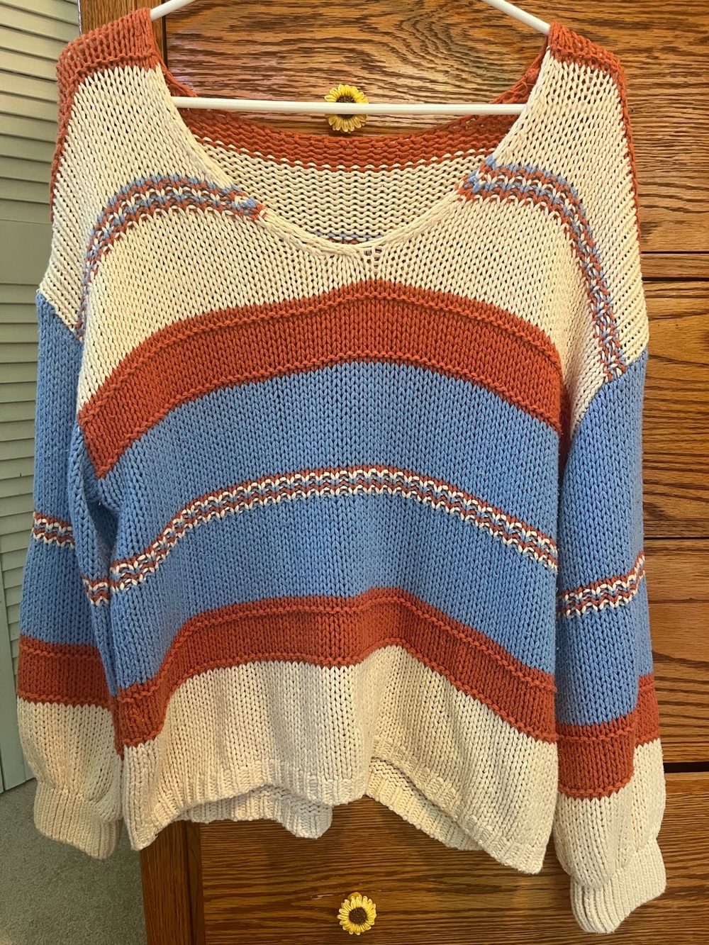 Altar'd State Cream, Rust & Blue Striped V-Neck Sweater